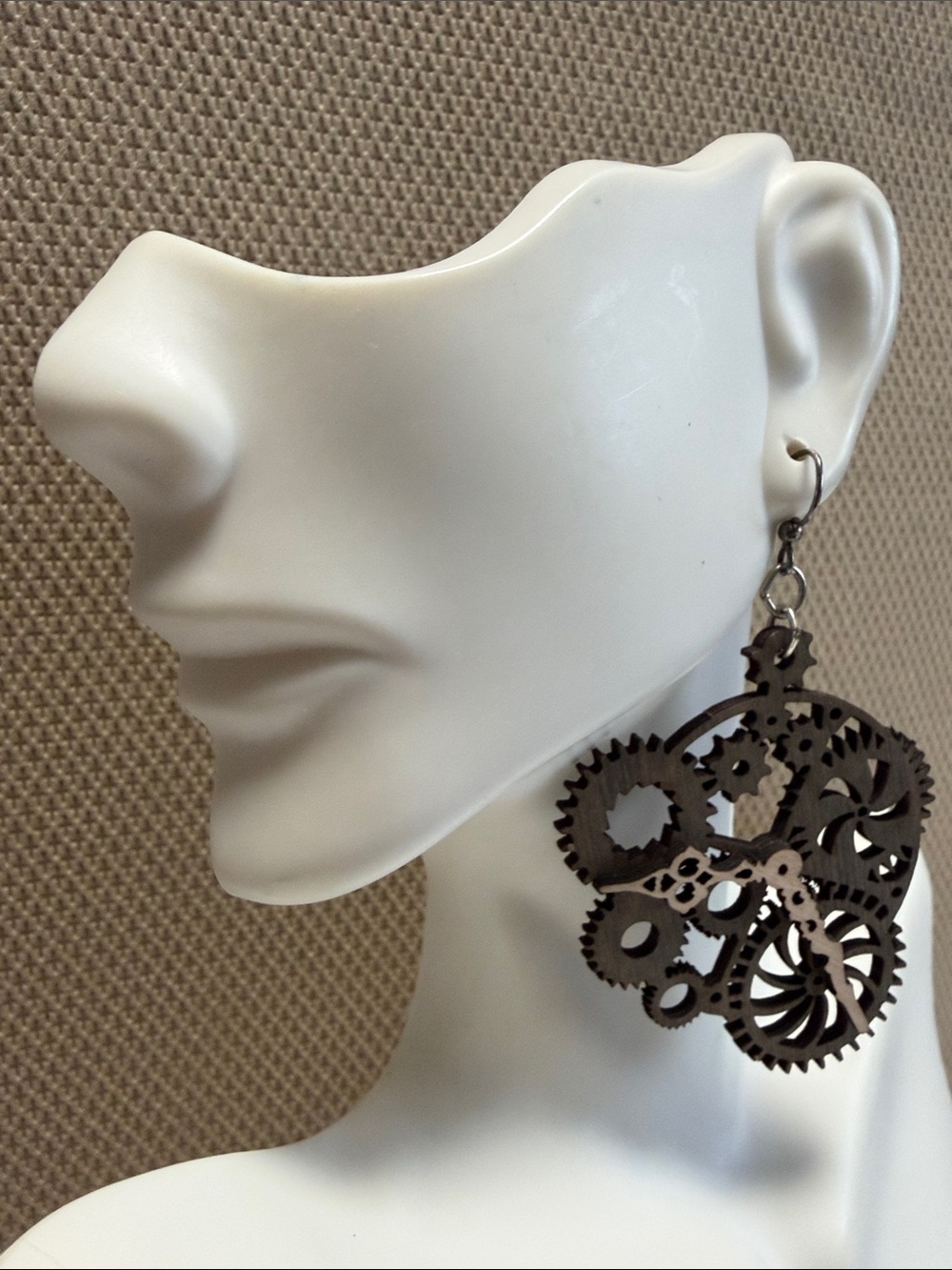 Steampunk Gear Wooden Dangle Earrings - Brown